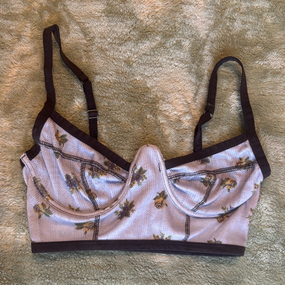 Urban Outfitters Floral Embroidered Bralette - Cream and Brown